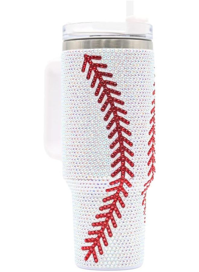 40 Oz Rhinestone Bling Tumbler Cup with Handle and Straw (BASEBALL), Stainless Steel and Double Wall Insulated