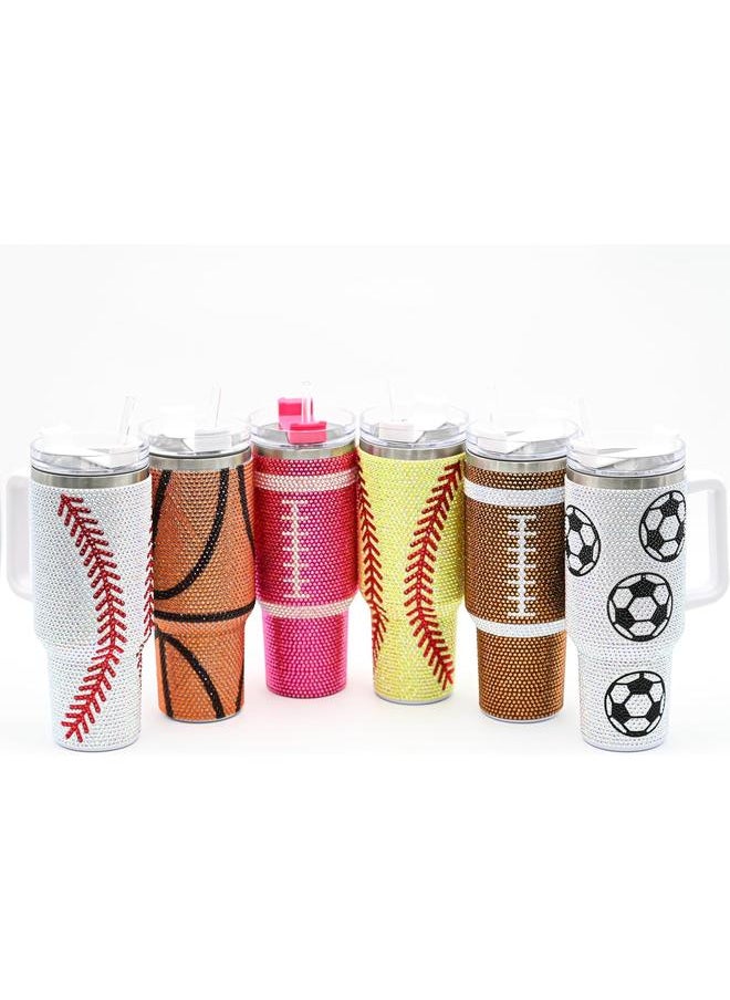 40 Oz Rhinestone Bling Tumbler Cup with Handle and Straw (BASEBALL), Stainless Steel and Double Wall Insulated