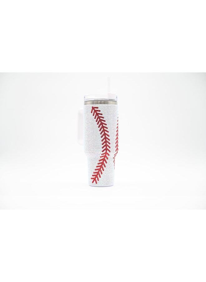 40 Oz Rhinestone Bling Tumbler Cup with Handle and Straw (BASEBALL), Stainless Steel and Double Wall Insulated