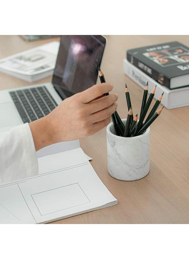 Natural Marble Pencil Pen Holder Stand for Desk, Makeup Brush Cup for Girls, Bathroom Tumbler Cup, Durable Office & Home Organizer Pencil Holder (White)