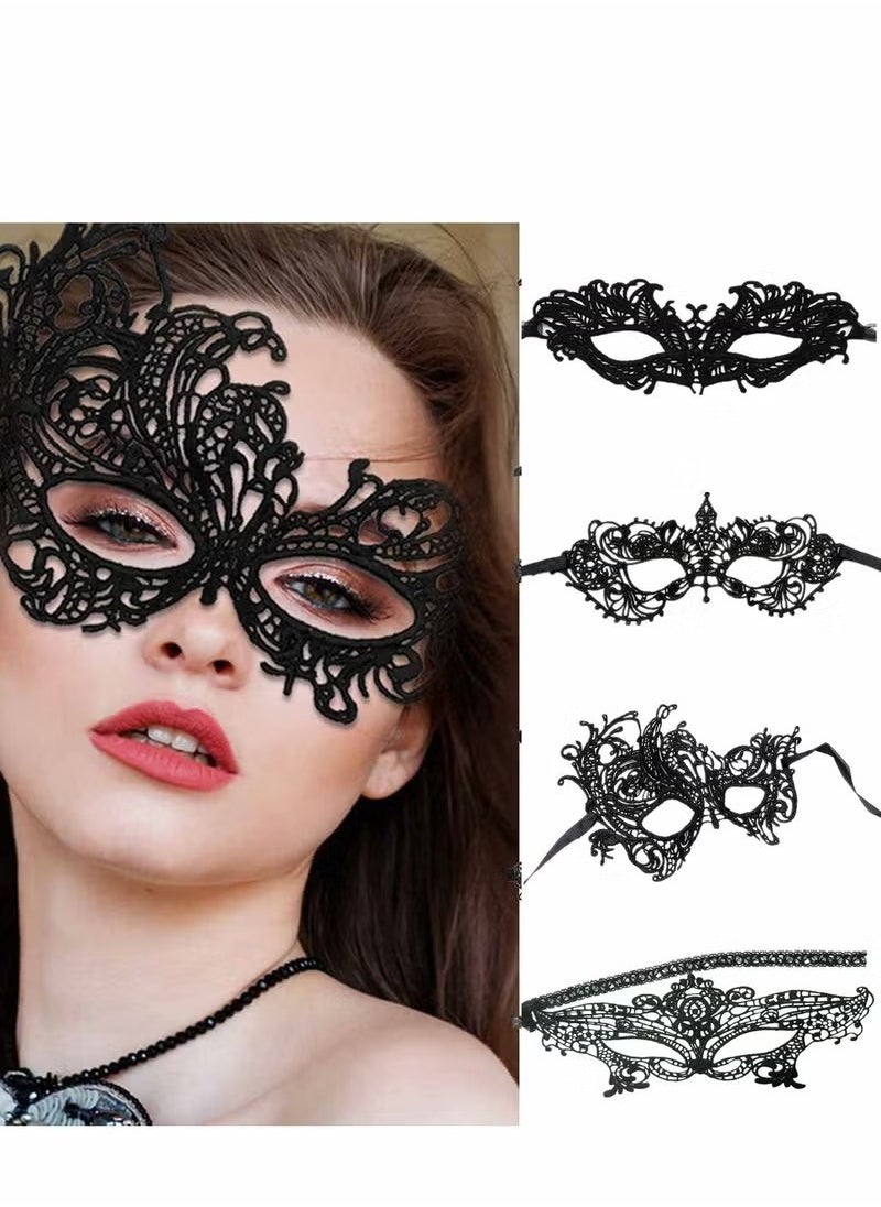 4 Pieces Women Lace Eye Mask, Masquerade Masks Mysterious Face Venetian Eyemask for Carnival Party Costume Ball, Black