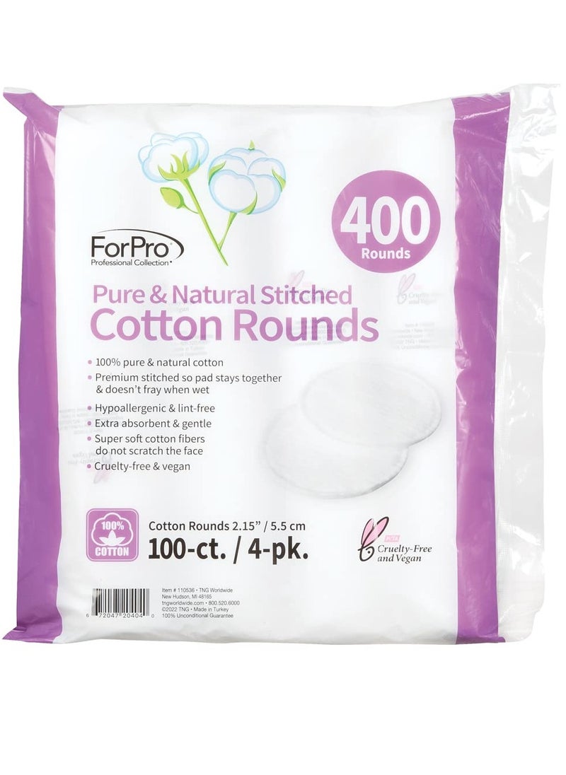 ForPro Pure & Natural Stitched Cotton Rounds for Face (400-Count), 100% Pure Cotton Makeup Remover Pads, Hypoallergenic, Lint-Free, Vegan & Cruelty-Free, Pack of 4-100 Cotton Pads