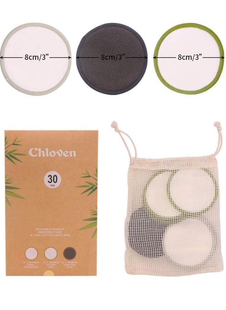 Chloven 30 Pack Reusable Makeup Remover Pads - Bamboo Cotton Rounds for Toner, Washable, Eco-Friendly for All Skin Types with Cotton Laundry Bag