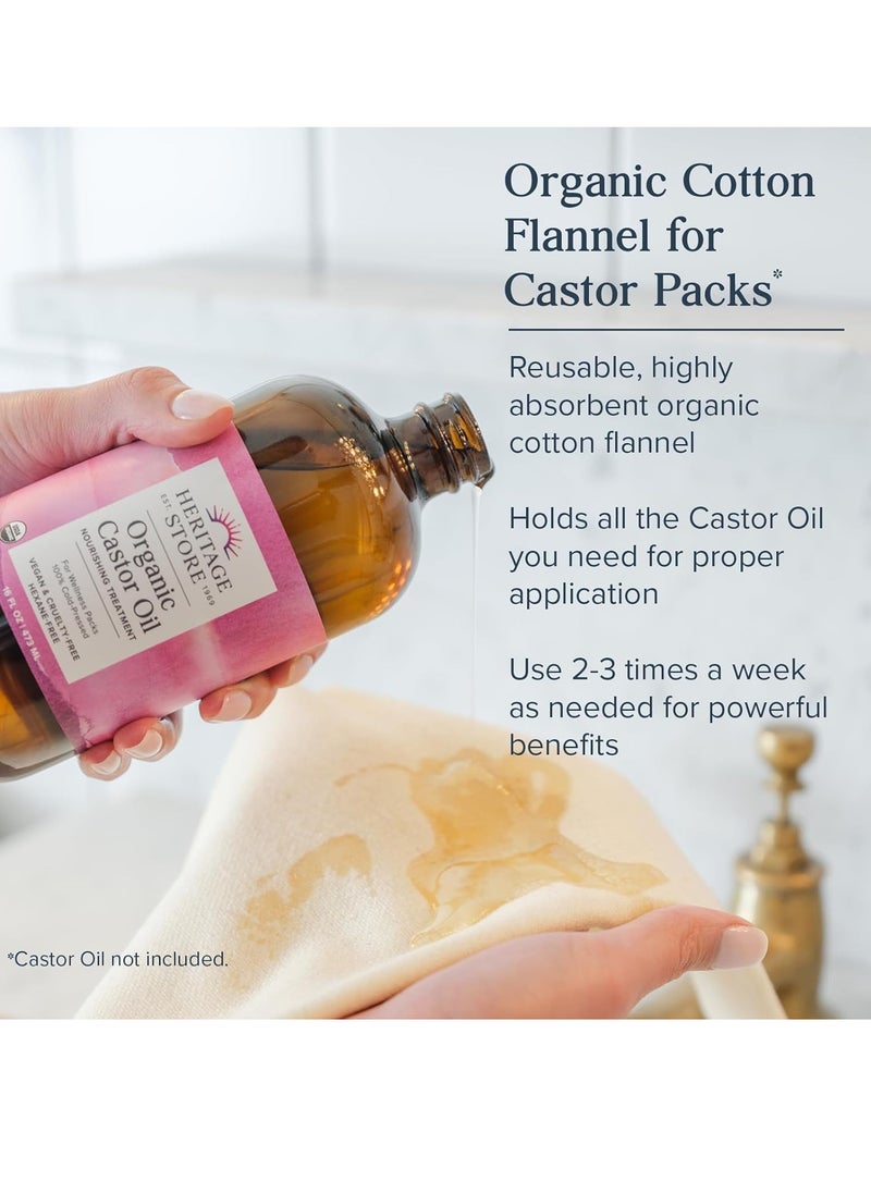 HERITAGE STORE Organic Cotton Flannel - Castor Oil Pack Wrap - Reusable, Highly Absorbent Castor Oil Wrap, Soothing Heat Compress for Abdomen, Joints and More, 60-Day Guarantee, Vegan, 13 in x 15 in