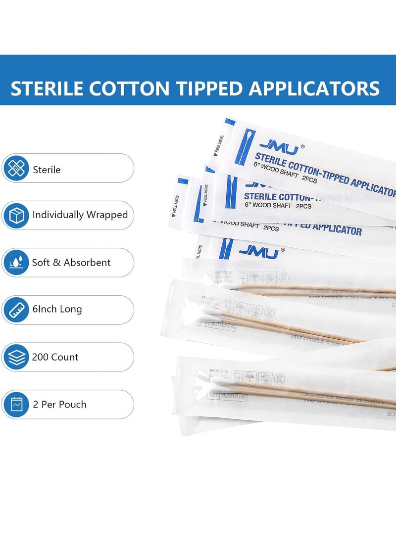 JMU 6 Inch Sterile Cotton Tipped Applicators, 200 Count Long Cotton Swabs, Wood Shaft Medical Swabs