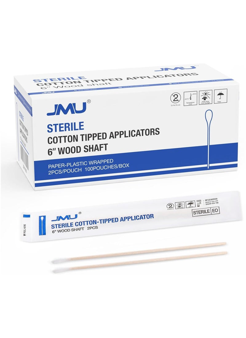 JMU 6 Inch Sterile Cotton Tipped Applicators, 200 Count Long Cotton Swabs, Wood Shaft Medical Swabs