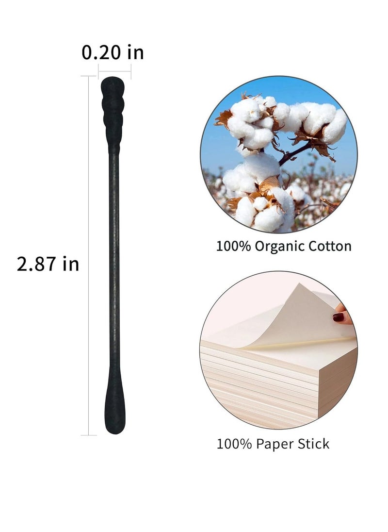 Black Cotton Swabs Spiral - 600 Count Organic Cotton Buds Double Side Tightly Wrapped Charcoal Cotton Tips Paper Stick Soft Gentle Lint-Free Cruelty-Free Goth Bathroom, Round & Spiral (Black)