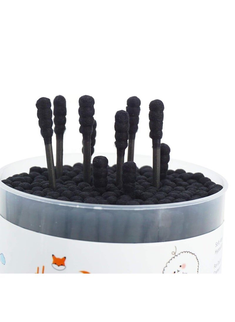 Black Cotton Swabs Spiral - 600 Count Organic Cotton Buds Double Side Tightly Wrapped Charcoal Cotton Tips Paper Stick Soft Gentle Lint-Free Cruelty-Free Goth Bathroom, Round & Spiral (Black)