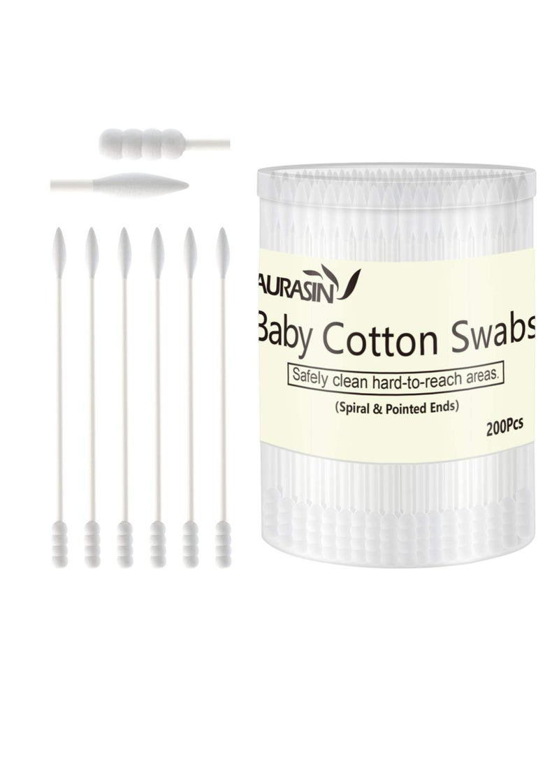 Baby Cotton Swabs, Paper Sticks Cotton Buds for Baby Ear Nose Clean-200Pcs(Spiral and Pointed)