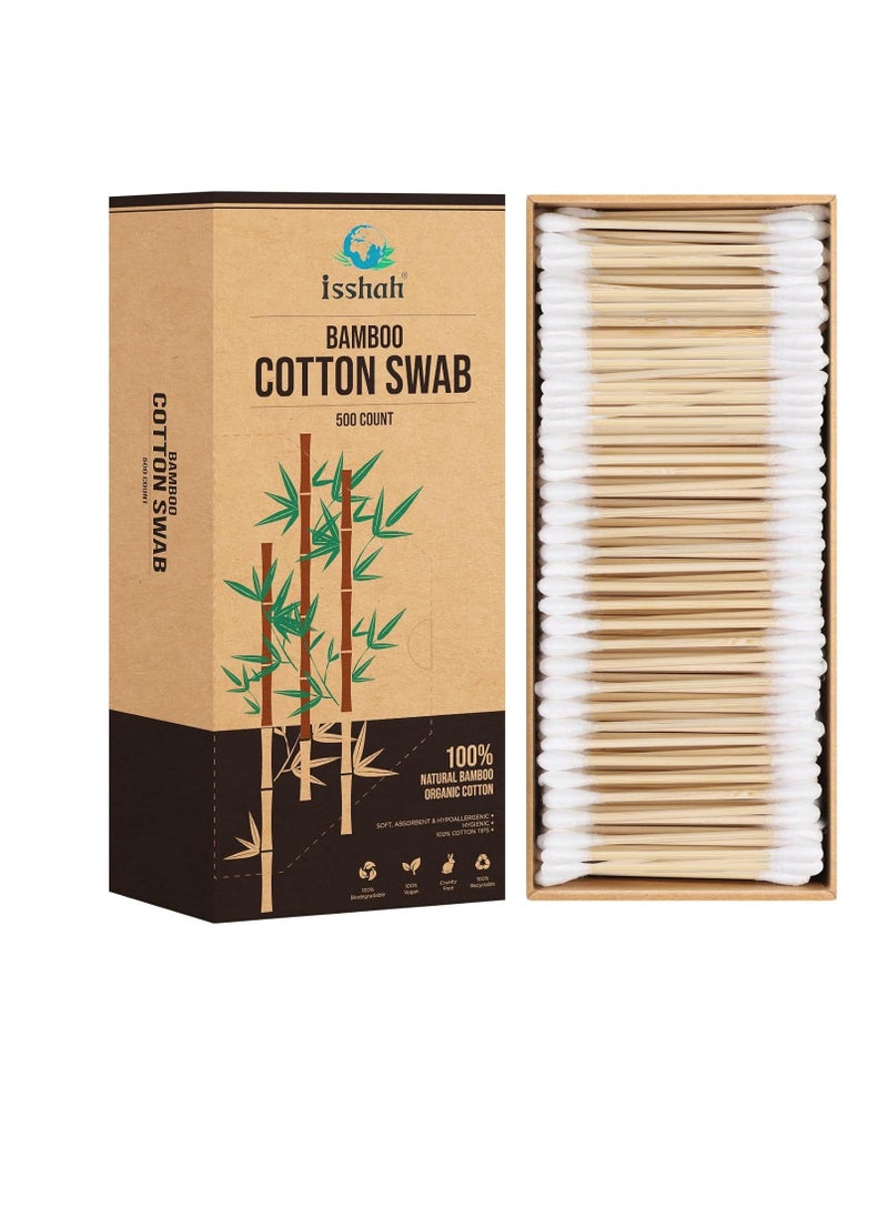 Bamboo Cotton Swabs - 500 Count - FSC Certified and PETA Approved, Eco Friendly Double Tips, Plastic Free Ear Sticks, All Natural 100% Biodegradable Organic Cotton buds by Isshah