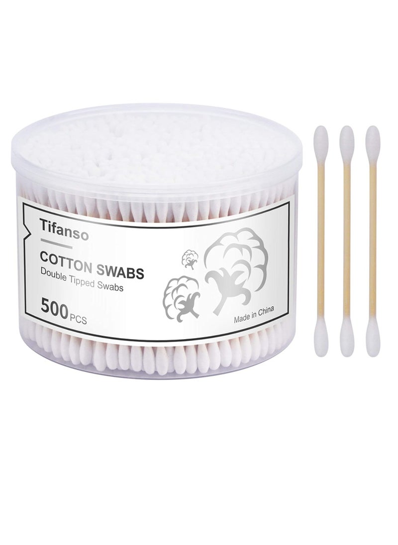 tifanso 500 Count Cotton Swabs, Natural Double Round Cotton Tip Cotton Buds with Strong Wooden Sticks for Ears, Cruelty-Free Ear Swabs, Wooden Cotton Sticks with Storage Box