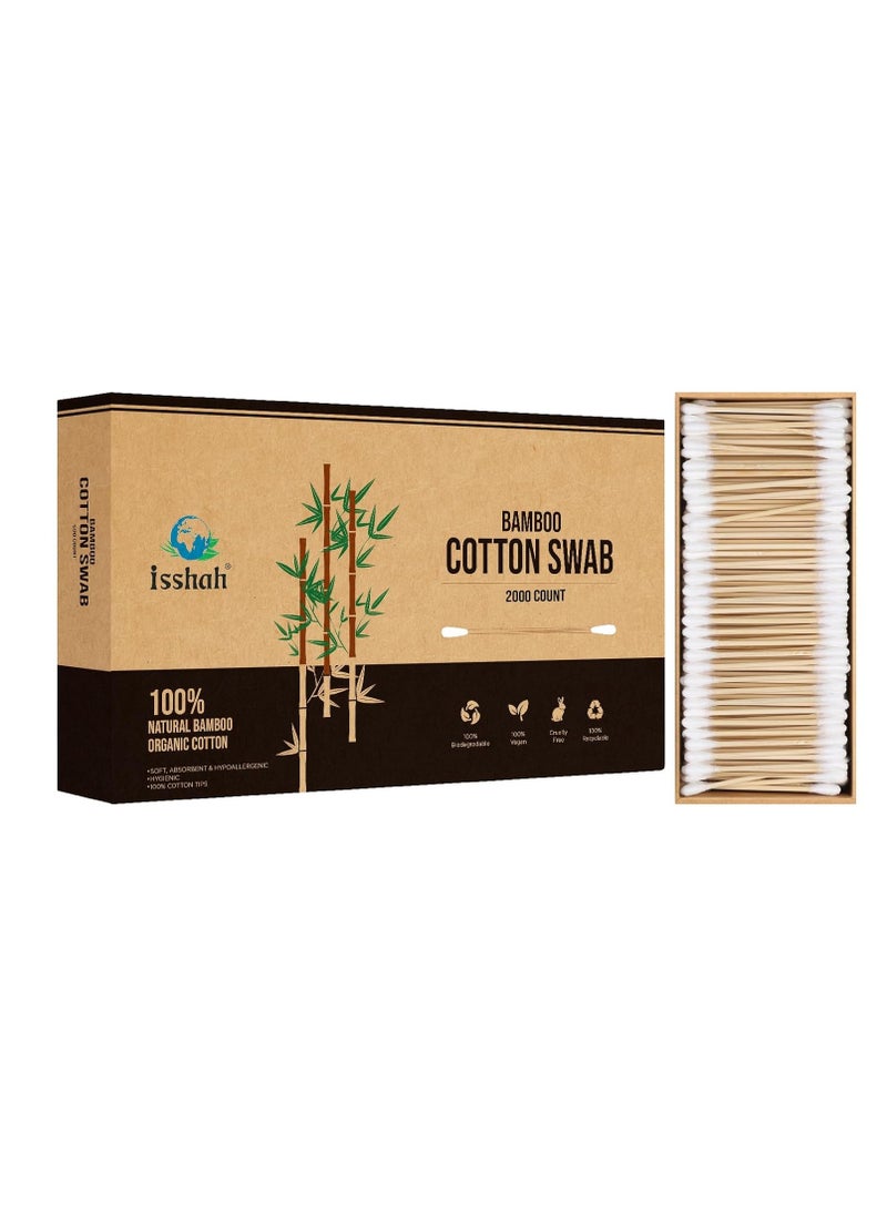 Bamboo Cotton Swabs - 2000 Count - FSC Certified and PETA Approved, Eco Friendly Double Tips, Plastic Free Ear Sticks, All Natural 100% Biodegradable Organic Cotton Buds by Isshah