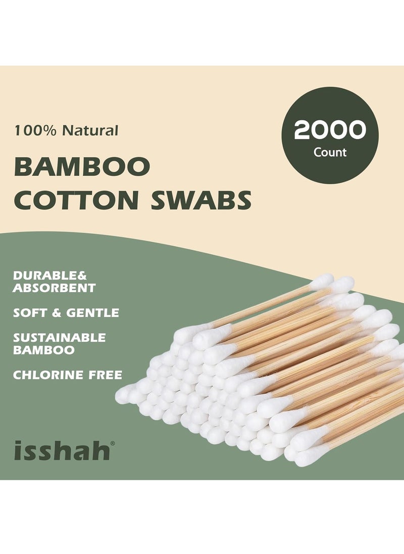 Bamboo Cotton Swabs - 2000 Count - FSC Certified and PETA Approved, Eco Friendly Double Tips, Plastic Free Ear Sticks, All Natural 100% Biodegradable Organic Cotton Buds by Isshah