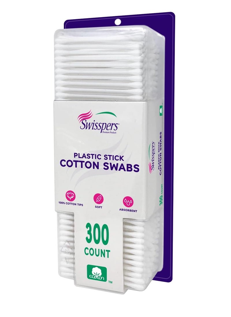 Swisspers Cotton Swabs, 100% Cotton Double-Tipped, White Plastic Sticks, 300 Count Package