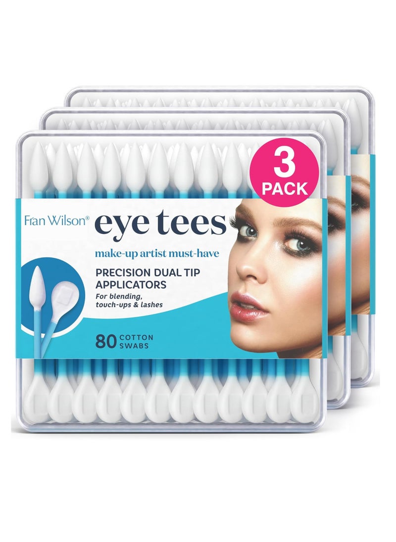 Fran Wilson EYE TEES COTTON TIPS 80 Count (3 PACK) - Precision Makeup Applicator, Double-sided Swabs with Pointed and Rounded Ends for Perfect Blending, Effective Cleaning and Precise Touch-ups