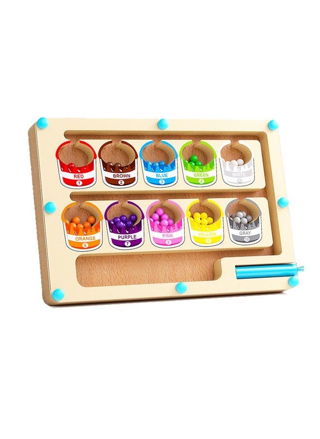 Magnetic Color and Number Maze - Montessori Fine Motor Skills Toys for Boys Girls 3 4 5 Years Old, Wooden Color Puzzle Board 24×15.7×1.9cm Paint buckets