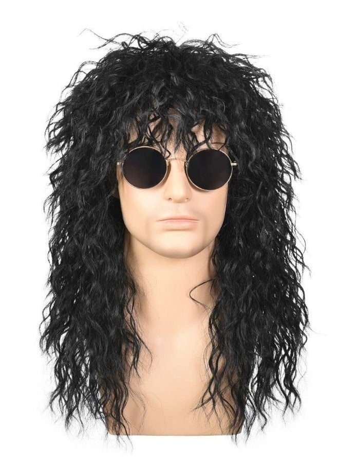 80s Rocker Wig Black Long Curly For Men And Women Mullet Costume Party Hal loween Cosplay Synthetic (Black)