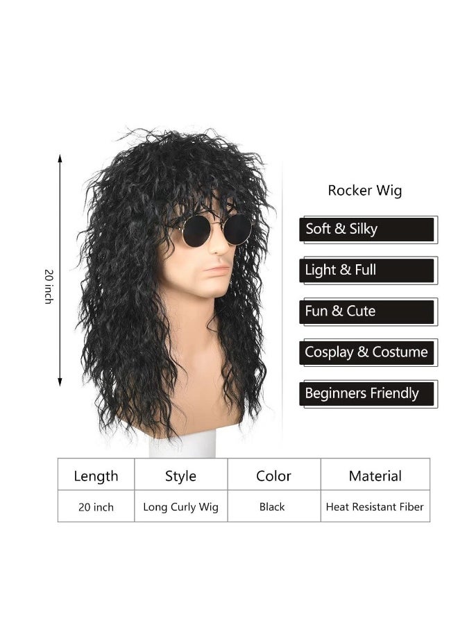 80s Rocker Wig Black Long Curly For Men And Women Mullet Costume Party Hal loween Cosplay Synthetic (Black)