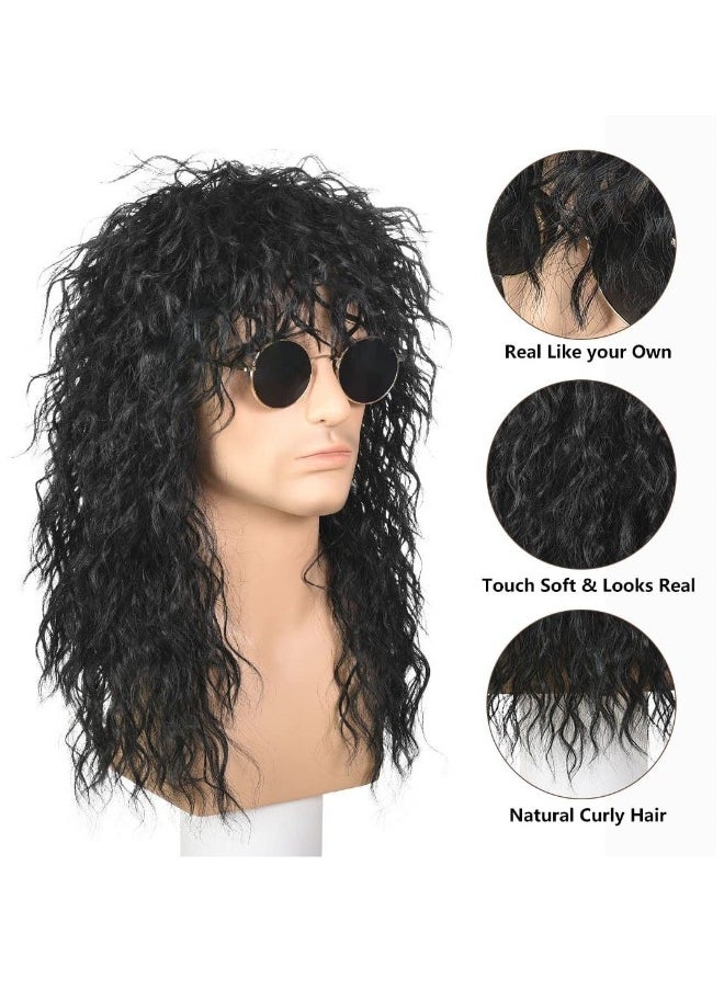 80s Rocker Wig Black Long Curly For Men And Women Mullet Costume Party Hal loween Cosplay Synthetic (Black)