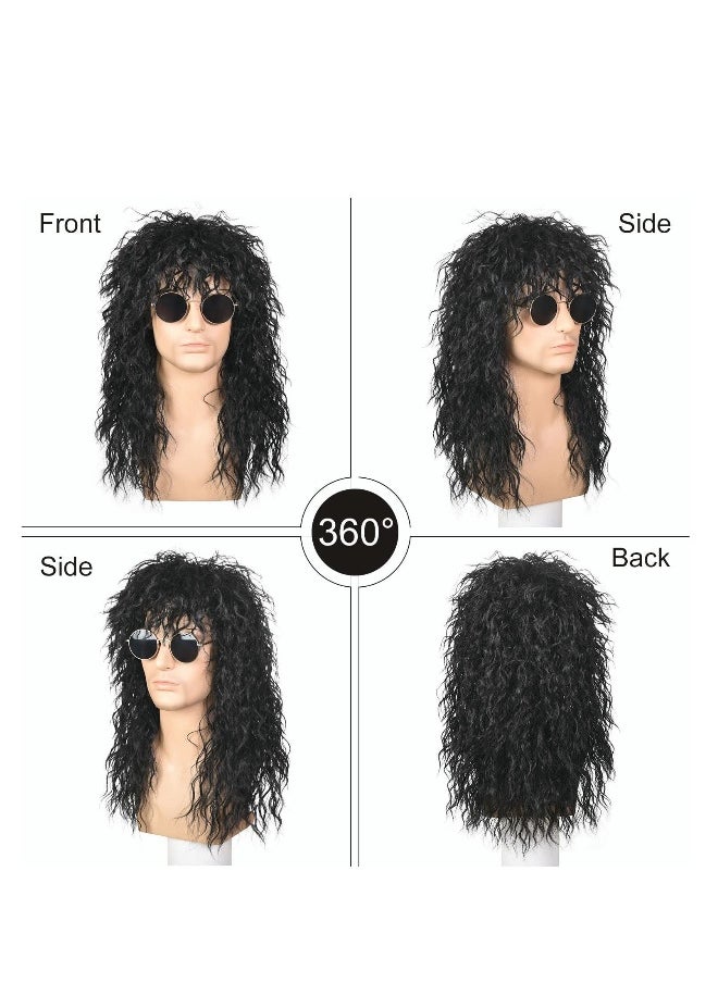 80s Rocker Wig Black Long Curly For Men And Women Mullet Costume Party Hal loween Cosplay Synthetic (Black)