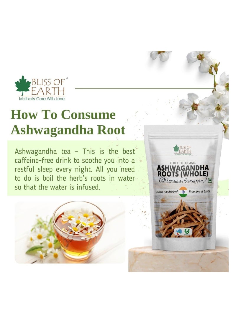 Certified Organic Ashwagandha Roots Whole Withania Somnifera Premium Grade Help Boost Immunity Stress Relief 200gm Pack of 2