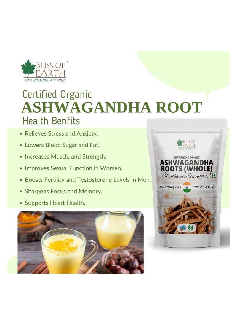 Certified Organic Ashwagandha Roots Whole Withania Somnifera Premium Grade Help Boost Immunity Stress Relief 200gm Pack of 2