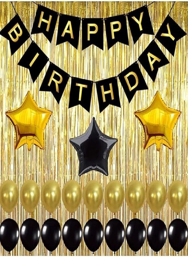 Black,Gold Balloons and Paper Pom Poms Party Supplies for Birthday Decoration With Pale Champagne Metallic Foil Fringe Tinsel Curtain Happy Birthday Party Decoration Backdrop,Black Decoration Kit