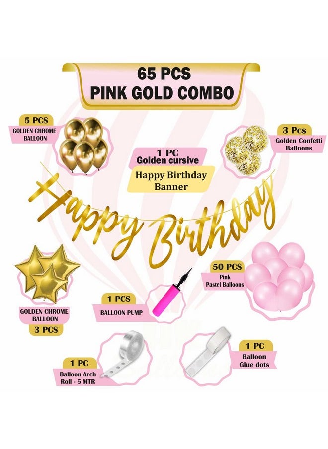 Pastel Pink Birthday Balloon Decoration Kit Pink Gold Balloons Combo With Birthday Card Stock Paper Banner, Balloon Arch Stirp, Pump For Girls Birthday Decorations, 65 Pieces