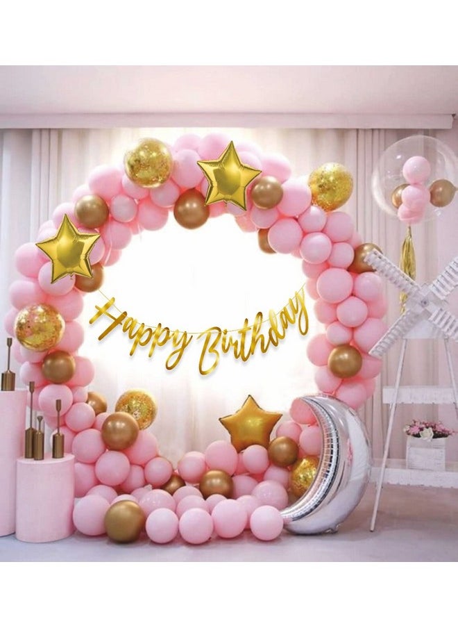 Pastel Pink Birthday Balloon Decoration Kit Pink Gold Balloons Combo With Birthday Card Stock Paper Banner, Balloon Arch Stirp, Pump For Girls Birthday Decorations, 65 Pieces