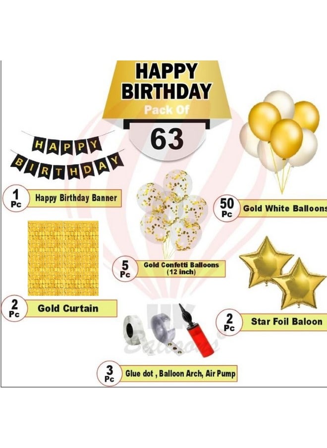 63 Pcs Set Birthday Decoration Items Set Happy Birthday Banner Balloon Arch Set With Confetti Balloon Pump And Square Curtains Birthday Decorations Kit For Golden Themed Boy Girl Husband