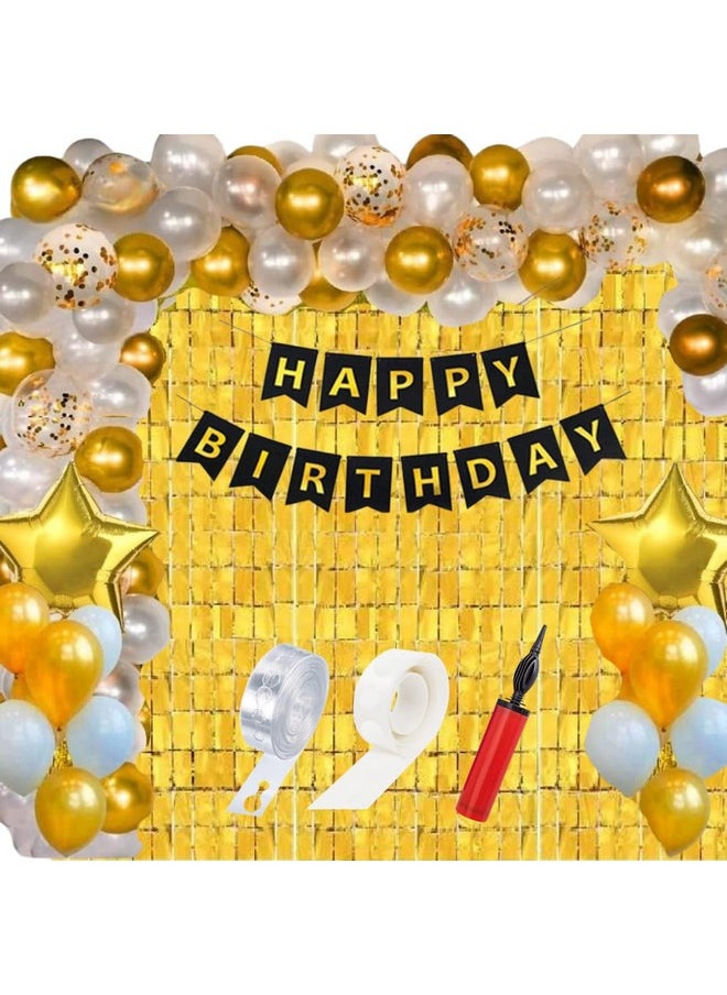 63 Pcs Set Birthday Decoration Items Set Happy Birthday Banner Balloon Arch Set With Confetti Balloon Pump And Square Curtains Birthday Decorations Kit For Golden Themed Boy Girl Husband