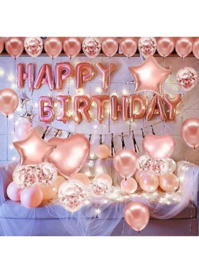 Pack Of 66 Pcs Rose Gold Happy Birthday Foil Banner Decoration Items Kit Set With Metallic Balloons Confetti,Star Foil Balloons And Foil Curtains For Kids Girls