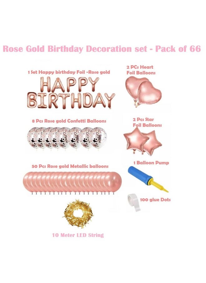 Pack Of 66 Pcs Rose Gold Happy Birthday Foil Banner Decoration Items Kit Set With Metallic Balloons Confetti,Star Foil Balloons And Foil Curtains For Kids Girls