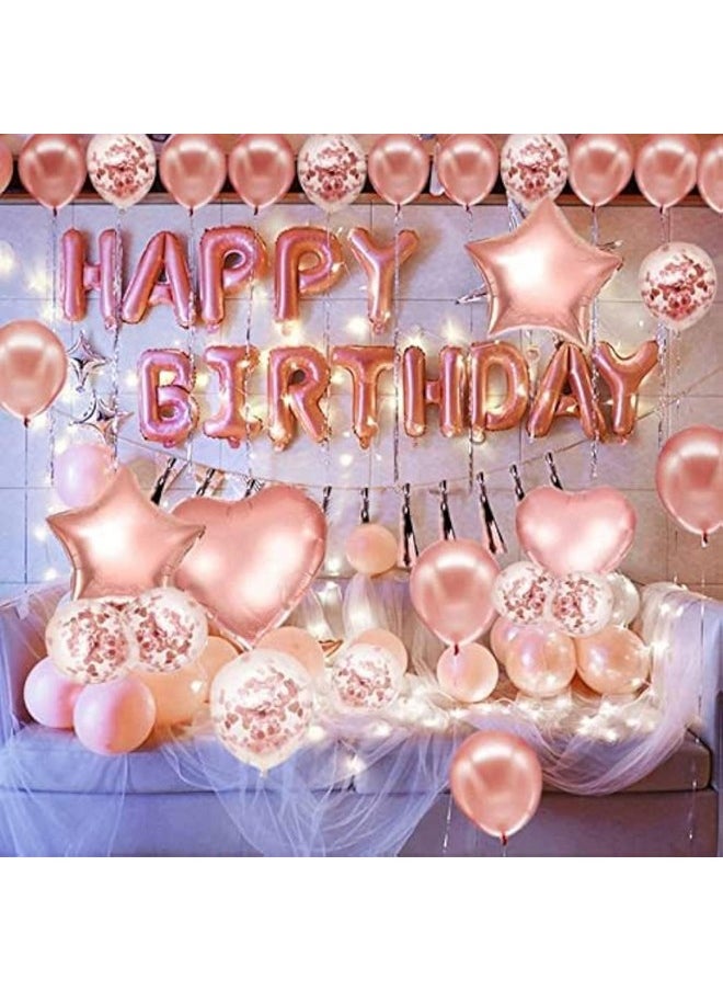 Pack Of 66 Pcs Rose Gold Happy Birthday Foil Banner Decoration Items Kit Set With Metallic Balloons Confetti,Star Foil Balloons And Foil Curtains For Kids Girls