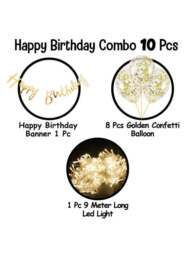 Happy Birthday Decoration Items - Happy Birthday Banner (Cardstock)| Gold Confetti Balloons With Led Light| Decoration Items For Husband| Golden Theme Birthday Decoration Kit, 10 Pieces