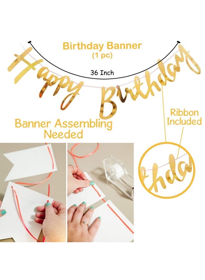 Happy Birthday Decoration Items - Happy Birthday Banner (Cardstock)| Gold Confetti Balloons With Led Light| Decoration Items For Husband| Golden Theme Birthday Decoration Kit, 10 Pieces