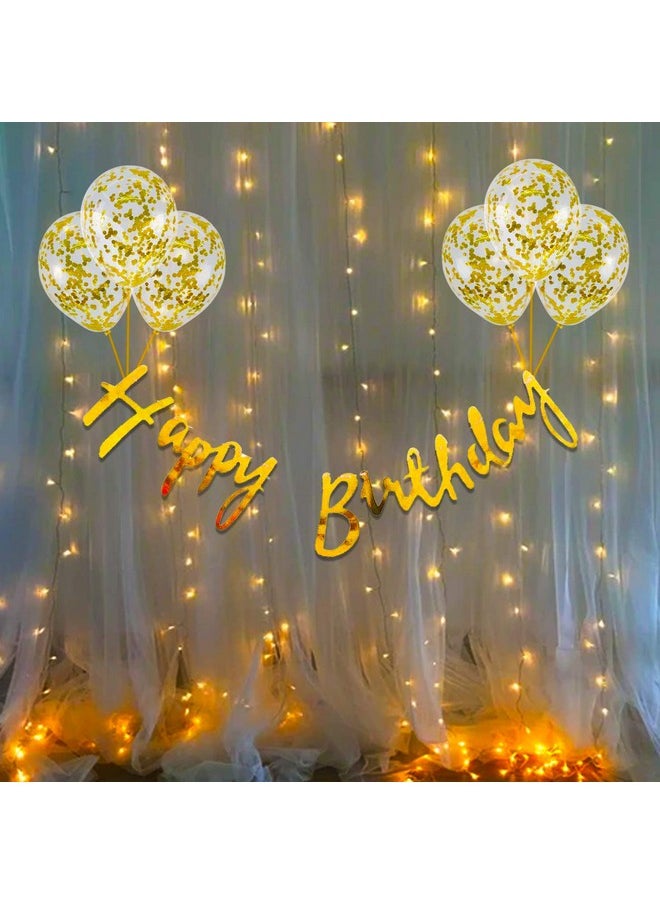 Happy Birthday Decoration Items - Happy Birthday Banner (Cardstock)| Gold Confetti Balloons With Led Light| Decoration Items For Husband| Golden Theme Birthday Decoration Kit, 10 Pieces