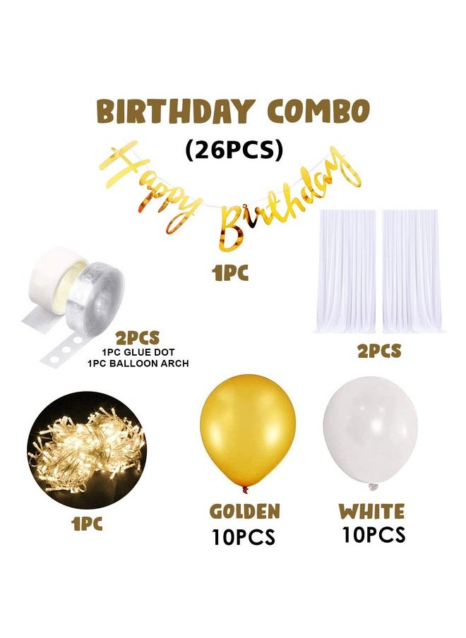 Birthday Decoration Items - 26 Pcs, Happy Birthday Decoration Items For Husband Wife | Cabana Tent For Birthday Decorations Girls Boys | White Golden Balloons For Decoration With White Net