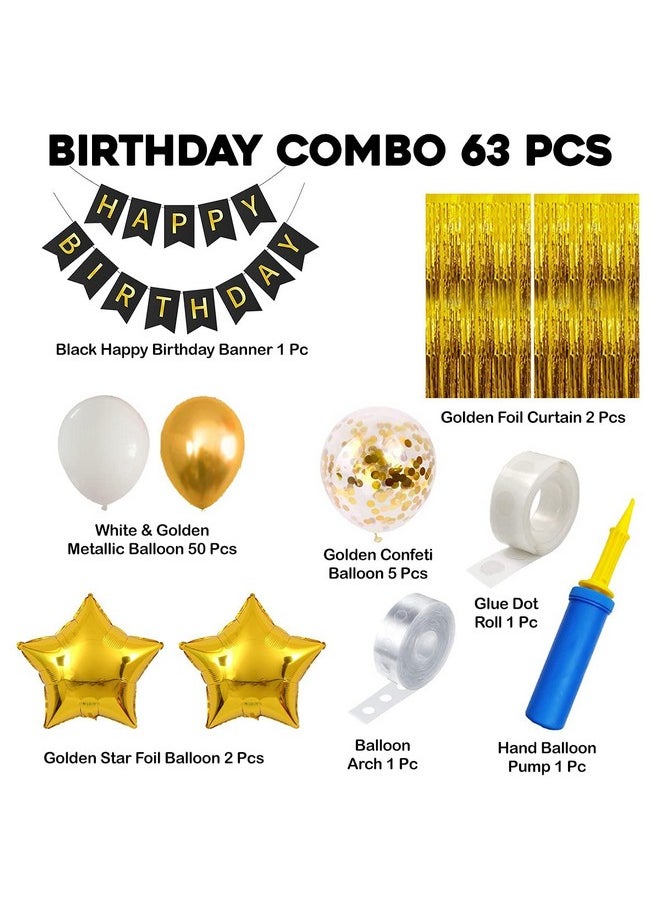 Birthday Decoration Items - 63 Pcs, Happy Birthday Decoration For Kids, Adults | Birthday Decoration Items For Boy Girl | Wife Husband Birthday Decoration | Balloons Confetti Golden White