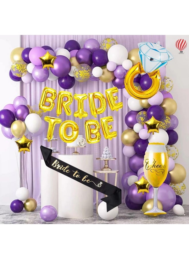 Pack Of 62 Bride To Be Decoration Item Set Combo For Bachelor Wedding Party Decoration Balloons With Sash & Confetti Purple White Themed Bride To Be Decorations