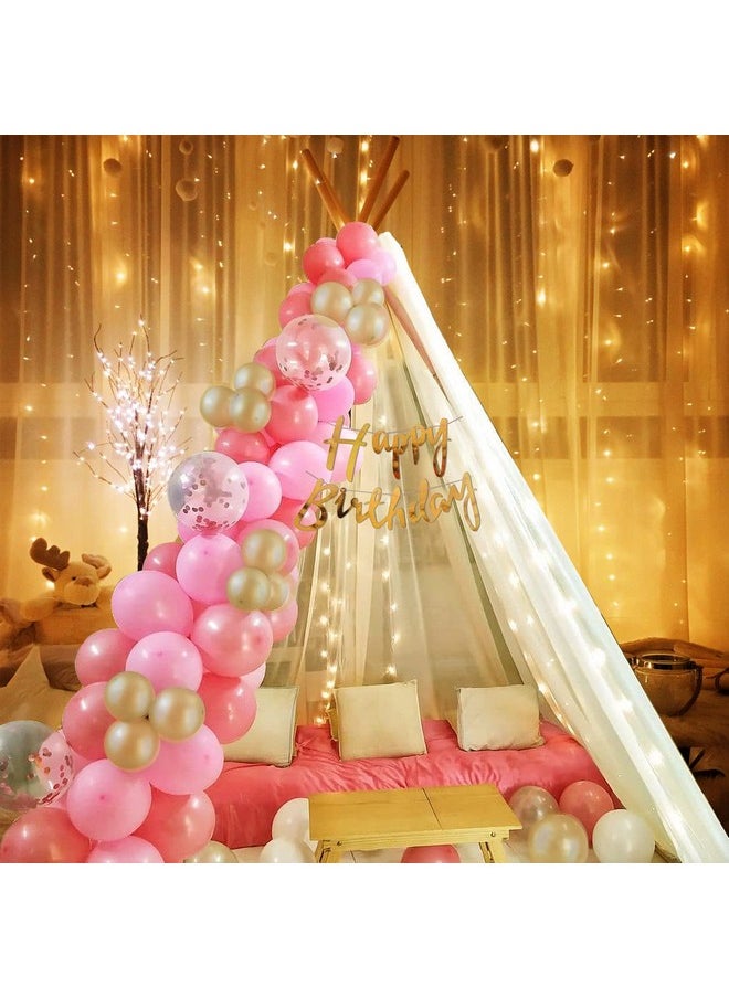 Birthday Decoration Items - 26 Pcs, Canopy Tent For Decoration | Happy Birthday Decoration With Led Light, White Net Curtain, Glue Dot, Balloon Arch, Pink, Golden Balloons | Bday Decor