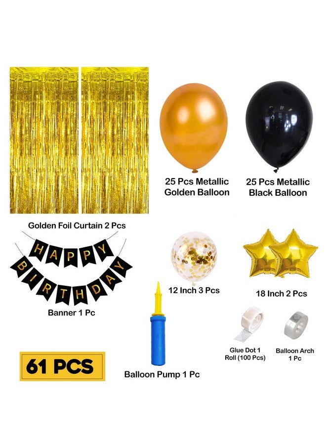 Birthday Decoration Kit - 61 Pcs Black And Gold Birthday Decoration Balloons With Balloon Pump | Happy Birthday | Black Gold Birthday Decorations | Black Birthday Decoration Items - Foil