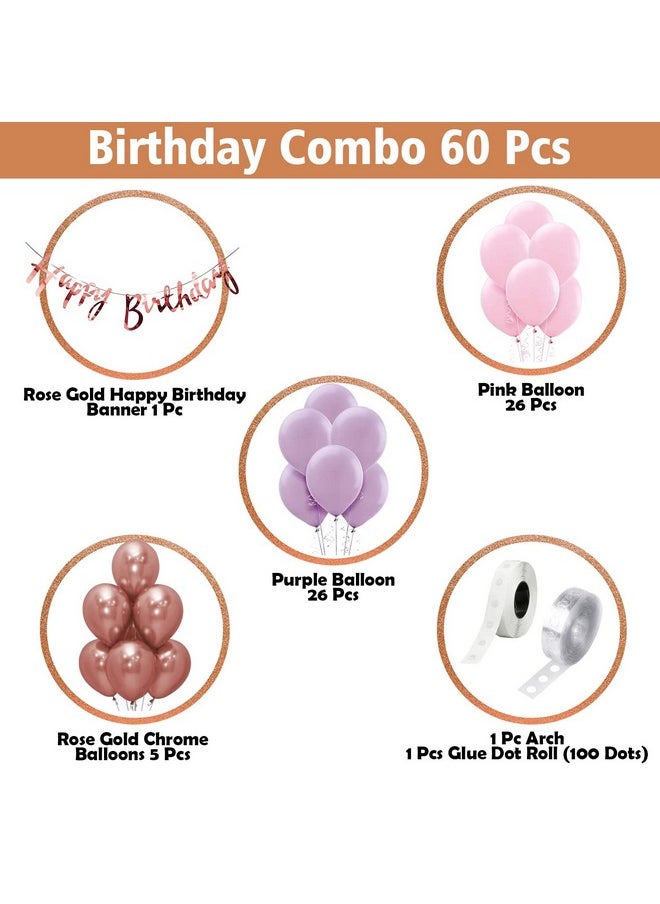 Birthday Decoration Items For Girls - 60 Pcs Balloons For Birthday Decorations | Birthday Decorations For Kids | Purple Birthday Decorations Kit | Bday Balloons Rose Gold, Purple, Pink