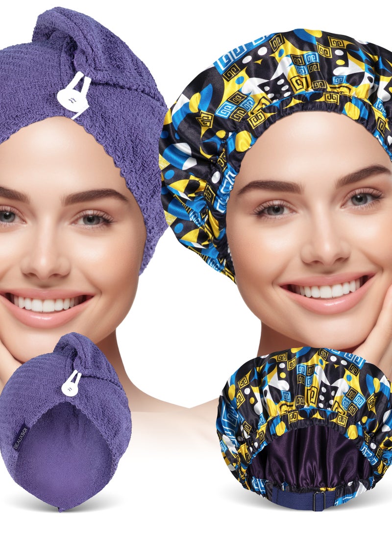 BEAUXSOI PREMIUM DRY & SHIELD SET - Quick-Dry Microfiber Hair Towel & Advanced Waterproof Satin Shower Cap - Anti-Frizz silk bonnet - microfiber towel wrap - hair accessories for women