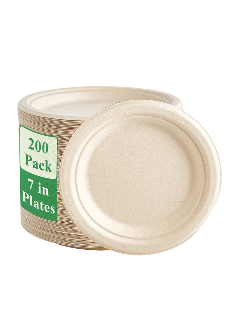 200 Pack Paper Plates 7 inch 100% Compostable Plates {PFAS-Free} - {BPI Certified} Heavy-Duty Disposable Paper Plates Natural Bagasse Natural Biodegradable Eco-Friendly Sugarcane Plates