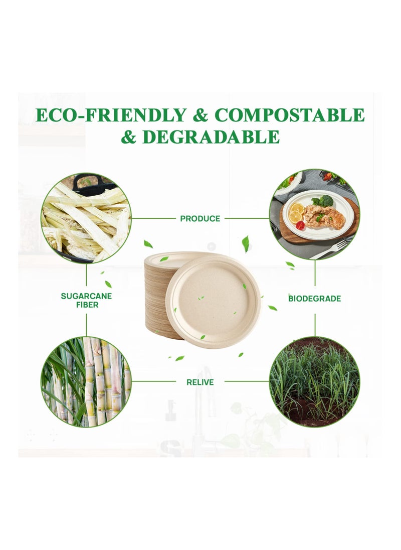 200 Pack Paper Plates 7 inch 100% Compostable Plates {PFAS-Free} - {BPI Certified} Heavy-Duty Disposable Paper Plates Natural Bagasse Natural Biodegradable Eco-Friendly Sugarcane Plates