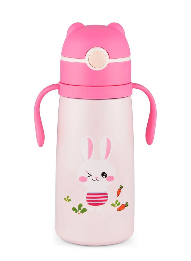 Goofy 380 Ml Vacuum Thermo Seal Insulated Double Wall Steel Body Baby Sipper With One Touch Opening & Silicon Straw,Long Retention Of Temperature Of Hot & Cold Liquids (Pink)