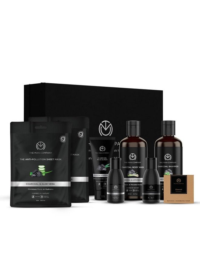 Ultimate Charcoal Detan Kit With Elegant Gift Box | Charcoal Body Wash, Shampoo, Face Scrub, Face Wash, Soap, Sheet Mask*2, Cleansing Gel, | Gift Set For Him