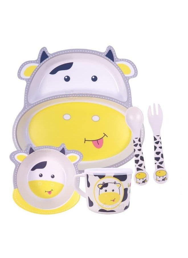 Cow Face Bamboo Baby Tableware Set, Eco Friendly Bamboo Fiber Dinner Set For Weaning Toddlers/Kids, Set Of Plate Bowl Cup Fork And Spoon/Baby Feeding Utensils For Kids (Cow Small)