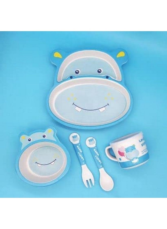 Bamboo Baby Tableware Set, Eco Friendly Bamboo Fiber Dinner Set For Weaning Toddlers/Kids, Set Of Plate Bowl Cup Fork And Spoon/Baby Feeding Utensils For Kids (Hippo)